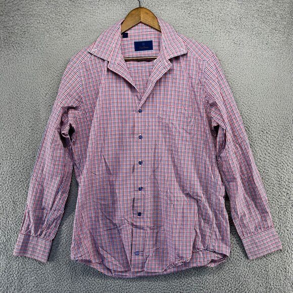 David Donahue Shirt Mens Large Blue Red Gingham Plaid Check Button Cotton Oxford - Picture 2 of 11